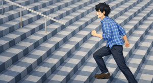 階段を登る若者