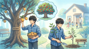 イラスト_主人公が果実をとり、苗を植える