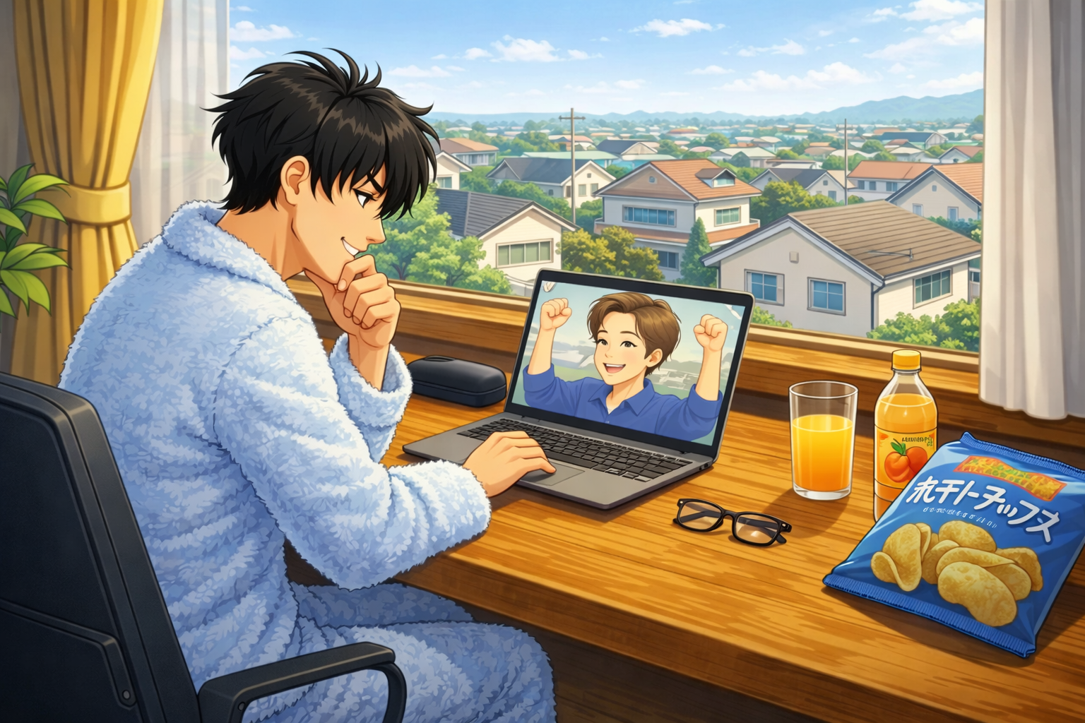 友人とビデオ通話する主人公