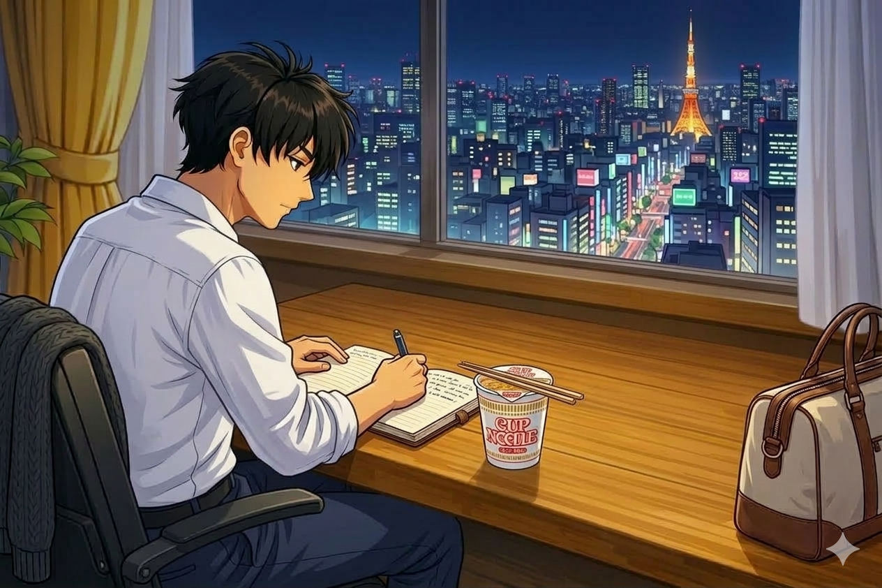 カップラーメンを食べながら勉強する主人公