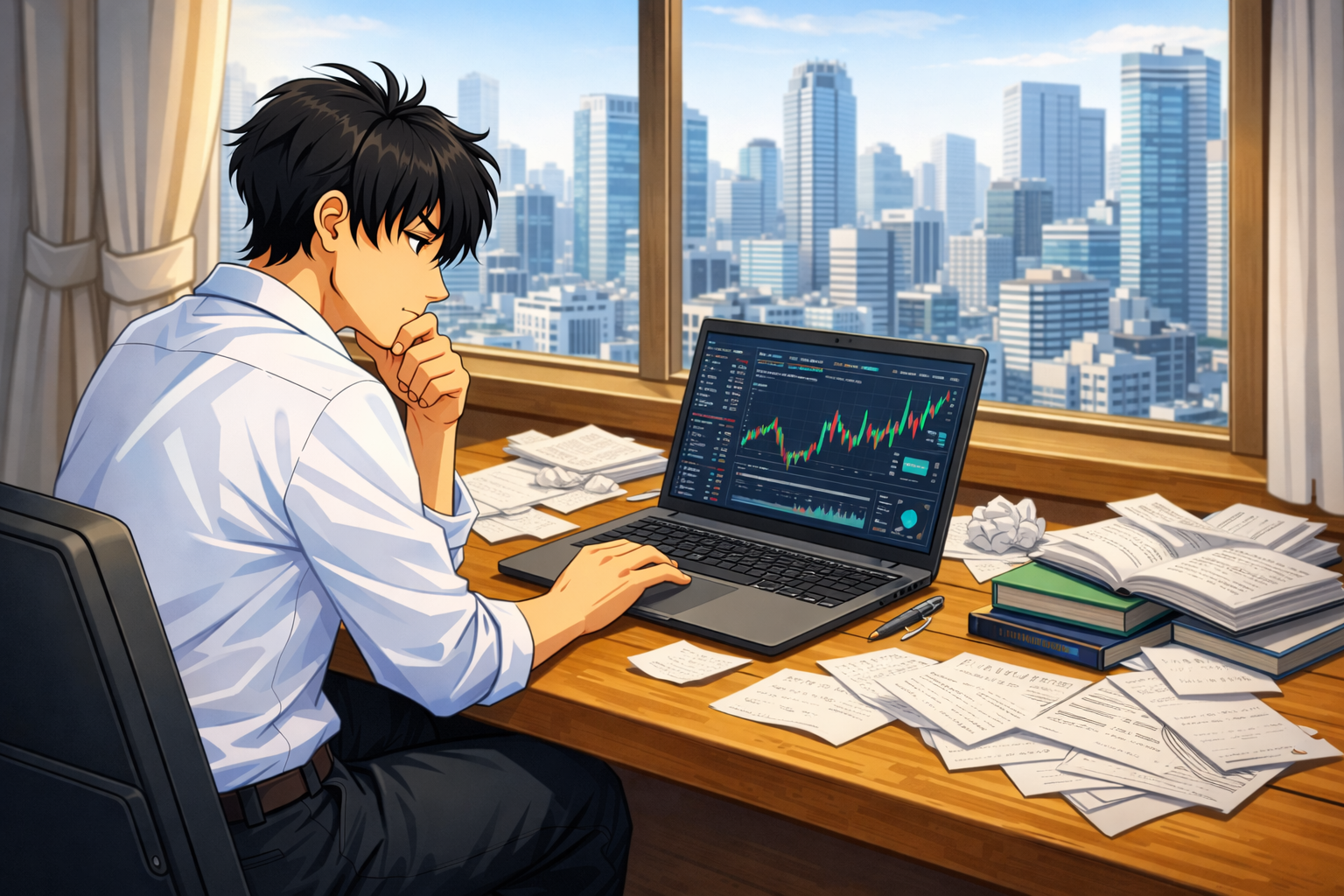 株の勉強をする主人公