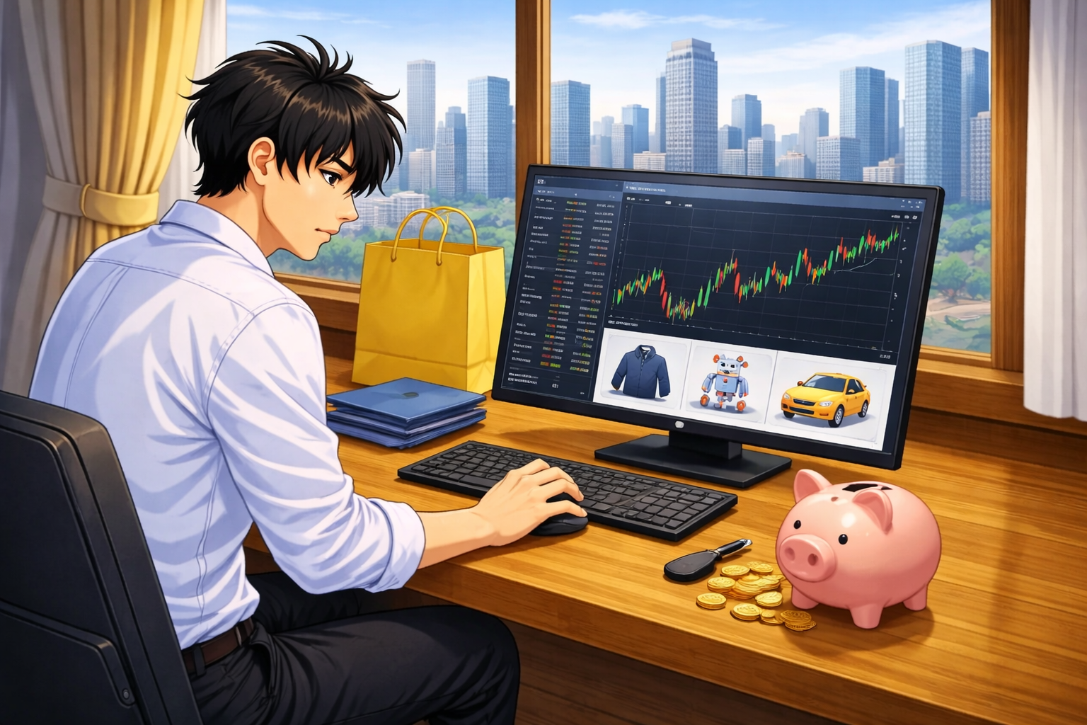 イラスト_主人公がPCでお買い物